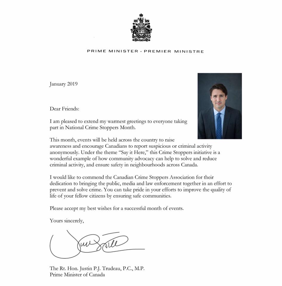 PM Trudeau salutes Crime Stoppers | A 2019 letter from the Prime Minister celebrating Crime Stoppers month. | Retrieved from Twitter